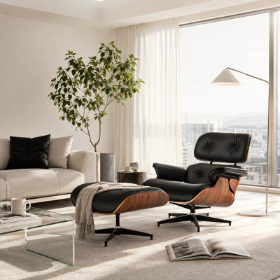 Fauteuil d'appoint avec repose-pieds, fauteuil lounge pivotant en cuir de style milieu du siècle pour le salon, fauteuil de lecture inclinable en cuir véritable avec dossier ergonomique