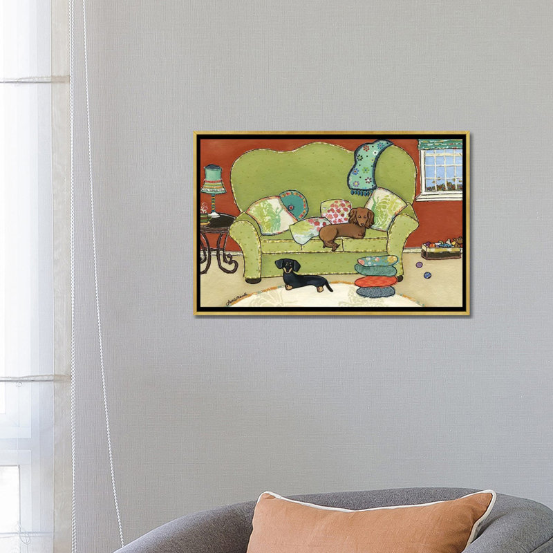 « Teckel Love » par Jamie Morath-impression, Pas de tapis, H 18 po x l 26 po x P 1,5 po, Toile encadrée d'or