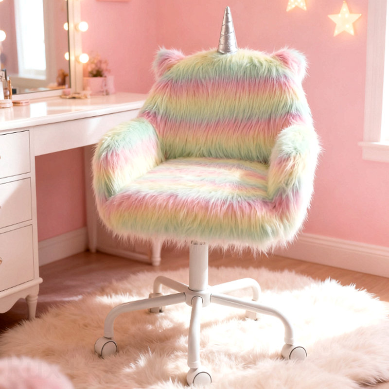 Rainbow Fuzzy Unicorn Office Chair, Plush Desk Chair, With Swivel Base, Whimsical & Cozy For Playroom & Office