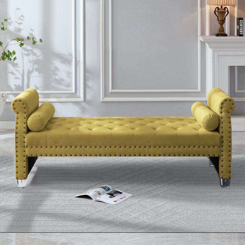 Alianny Upholstered Tufted Bench, Mustard Yellow Velvet