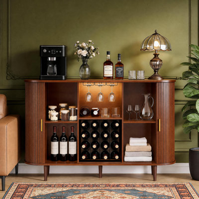 55" Mid-Century Modern Wine Bar Cabinet with LED Lights, Wine Rack & Glass Holder