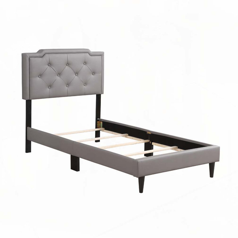 PU Faux Leather Upholstered Bed with Tufted Headboard, Light Gray, Twin