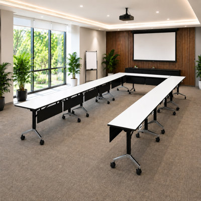 Tables de formation mobiles commerciales avec alimentation intégrée | Ensemble de 7 | Tables de formation gigognes pliantes de 203 cm (80 po) | Roulettes verrouillables | Mobilier pour salles de conférence et salles de classe | Blanc 14 places