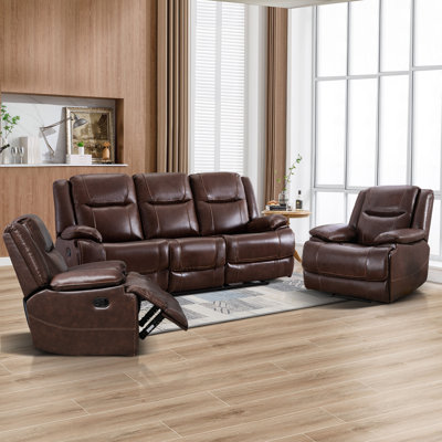 Pendaray 3 - Piece Modern Manual Genuine Leather Reclining Living Room Set with 2 Recliners & 1 Sofa