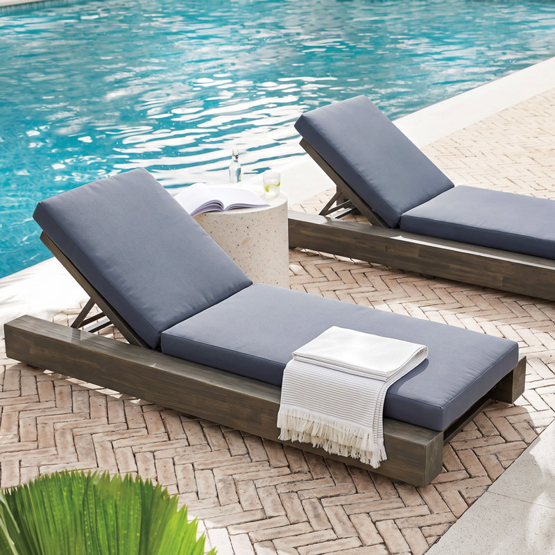 Donnie 39'' Outdoor Acacia Chaise Lounge, Sandblast Gray Frame / Dark Gray Cushion, 2