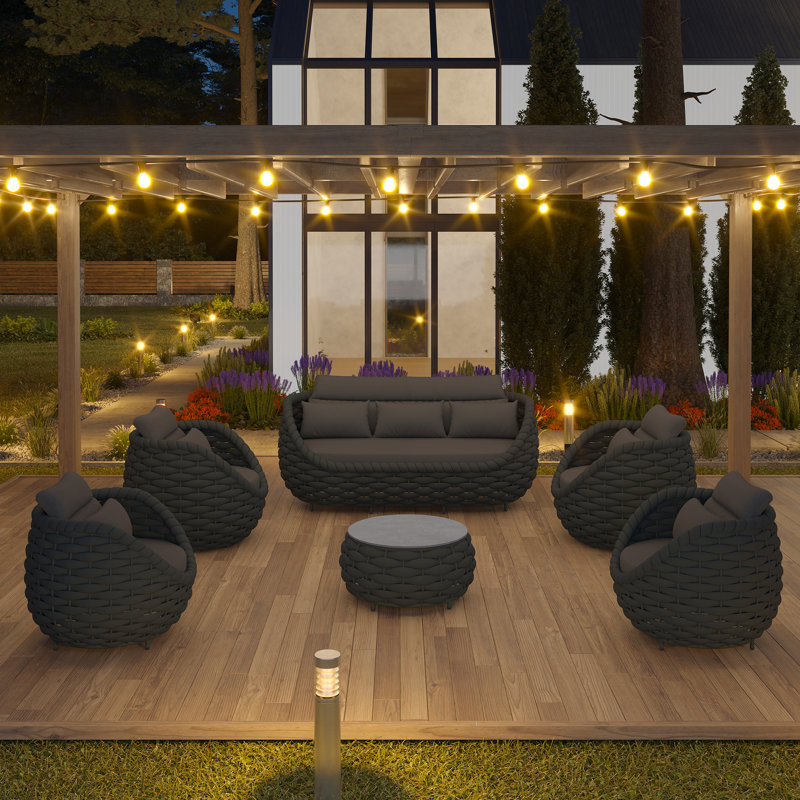7 Person Outdoor Patio Hand-Woven Rope Powder-Coated Aluminum Sofa Outdoor Conversation Set For Bistro Garden Balcony Porch Deck Backyard Cafe