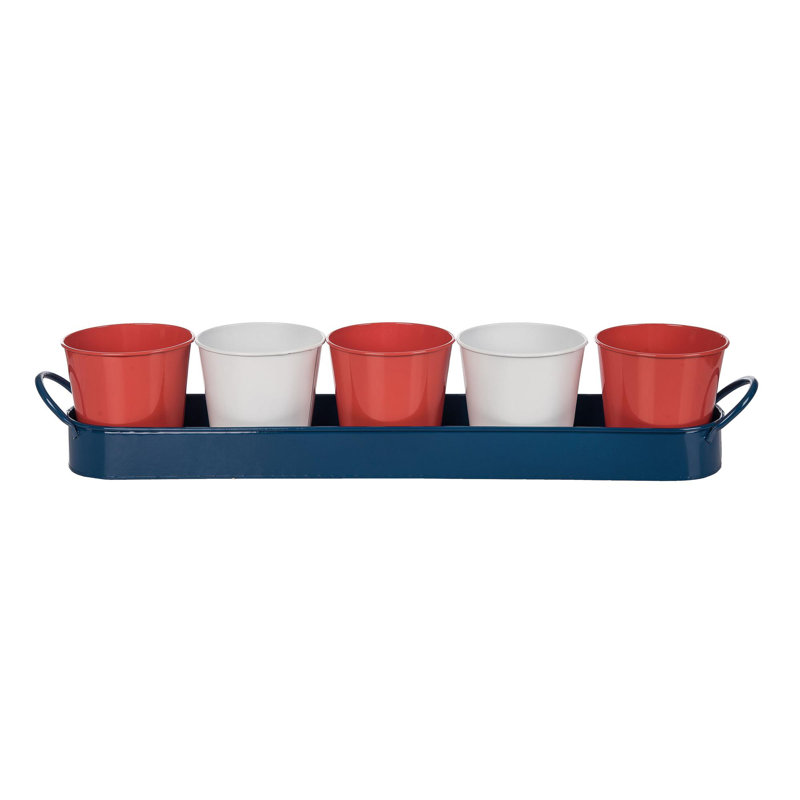  Plateau en métal avec pots décoratifs rouges / blancs / bleus patriotiques