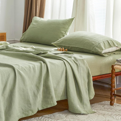100% French Linen Sheet Set Breathable Durable For Hot Sleepers Bedding 4 Pcs - 1 Flat Sheet,1 Fitted Sheet,2 Pillowcases