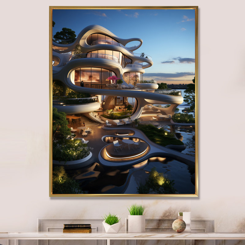 " Futuristic Architecture IV ", 32" H x 16" W x 1" D, Gold Floater Framed