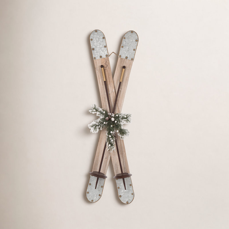 Décor de ski de Noël 35 po en bois / galvanisé, Brun moyen / gris / vert