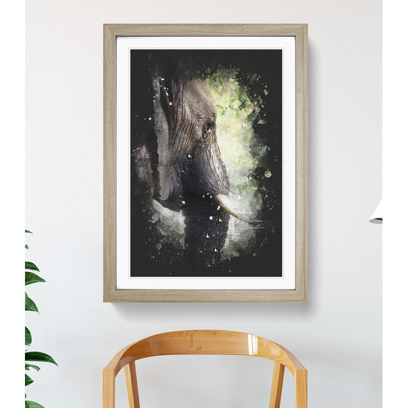 Elephant Vol.2 Paint Splash - Picture Frame Graphic Art, 90cm H x 65cm W x 2cm D, Oak