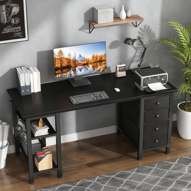 Bureau rectangulaire avec tiroirs et tablettes de rangement, Noir, H 29,5 po x l 47,2 po x P 19,7 po