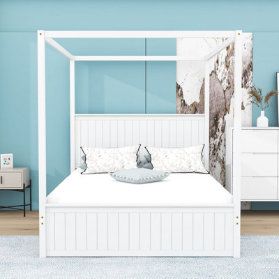 Queen Wood Canopy Platform Bed with Twin XL Trundle and Three Storage Drawers