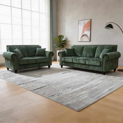Modern 3+2 Seater Sofa with Rolled Arms,Chenille Upholstered Couch with Wood Legs and Nailhead Trim for Living Room, Apartment,Green