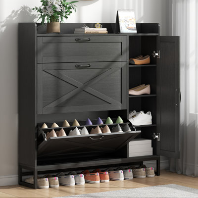 Shoe Storage Cabinet with 2 Flip Drawers, Shoe Organizer Rack with Adjustable Side Cabinet
