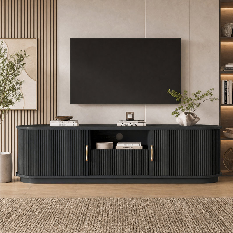 Meuble télé vintage rétro avec portes à lattes coulissantes pour téléviseurs de 75 po, console média en bois de ferme pour le salon, noir