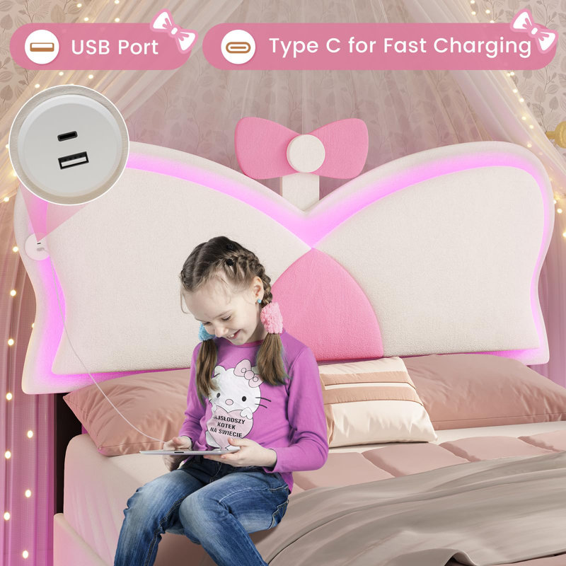 Upholstered Velvet LED Kids Bed with Drawer and Adjustable Headboard, Twin, White