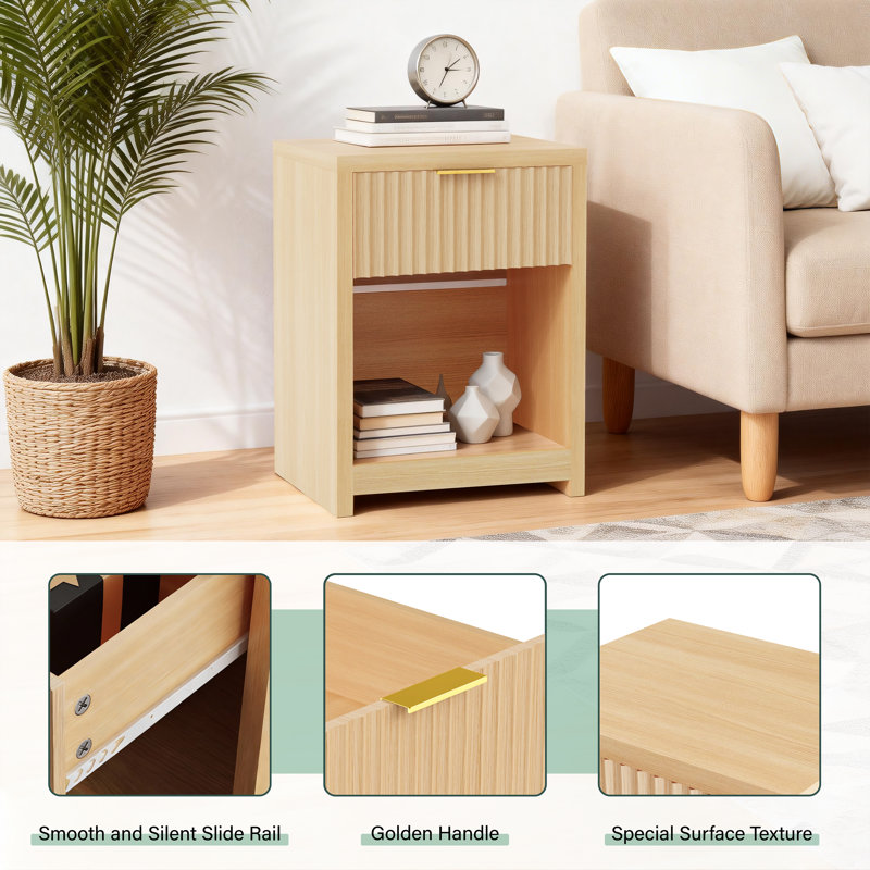 Fluted Nightstand Set of 2, Modern Mid-Century Bedside Table with Thickened Board, Silent Glide Drawer & Gold Metal Handles, Large Wide End Table for Bedroom Living Room Office, Natural Oak