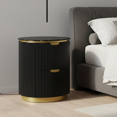 Modern Ribbed Nightstand With Drawer & Brushed Brass Accents.