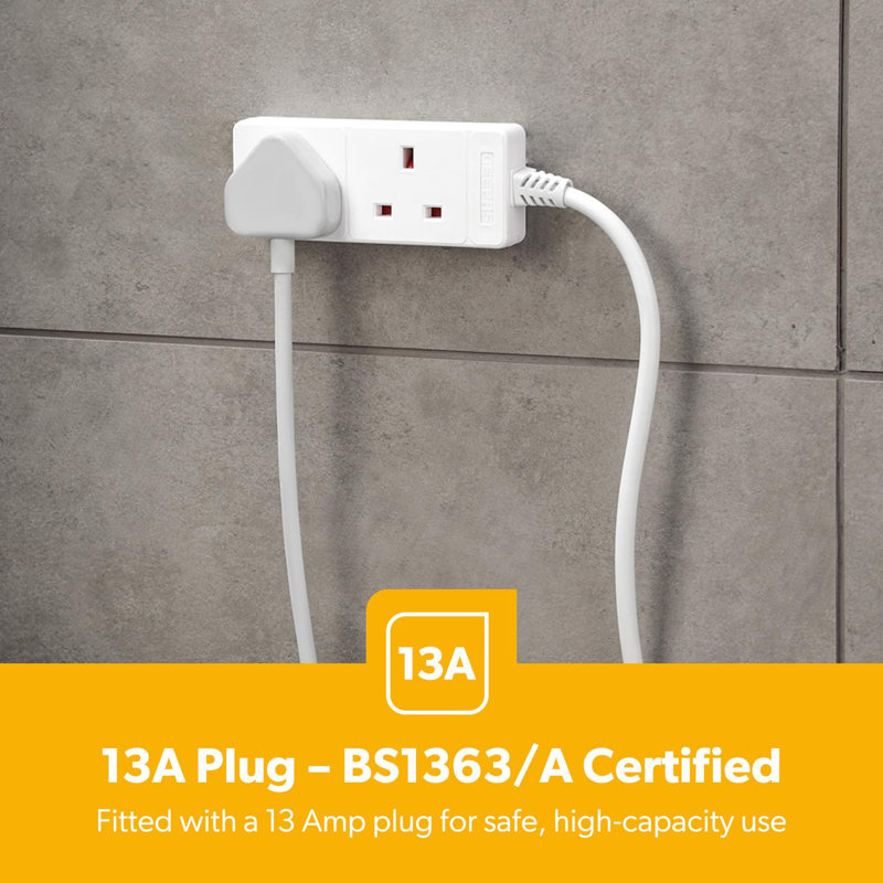 GEEPAS 2 Gang Extension Lead, 2M Cable | 2-Way Plug Extension Cable, 13 A | Wall Mountable & Multi Socket Mains Strip For Home Bedroom Office | Heavy Duty UK Plug | White
