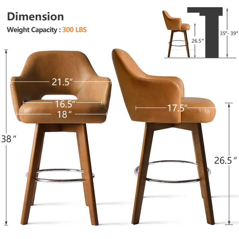 Aylsworth 26.5" Swivel  360-degree Faux Leather Upholstered Counter Stool With Footrest, Brown