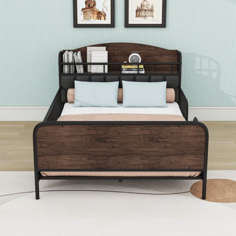 Metal Platform Bed With LED Light Strip, Safety Guardrails And Storage Shelf, Black/Brown, Full
