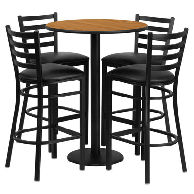 Aniket 30'' Round Laminate Table Set with Round Base and 4 Ladder Back Metal Barstools