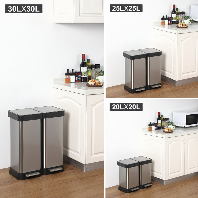 Dual Compartment Stainless Steel Kitchen Trash & Recycling Bin, 16 Gallon (60L, 2x30L) – Fingerprint-Proof Step Garbage Can – Soft Close Double Lid – No Inner Bucket