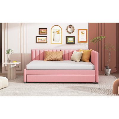 Lit de jour rembourré en tissu de lin avec lit gigogne simple, sans sommier, rose, lit à ressorts