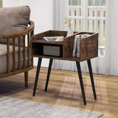 George Oliver Mid Century Modern End Table With Open Shelves Metal Support Legs For Bedroom