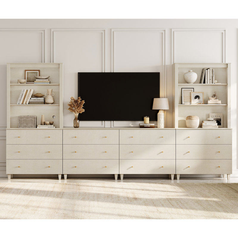 Entertainment Center And Bookshelves Set With Drawers For 75" Tvs, Oak