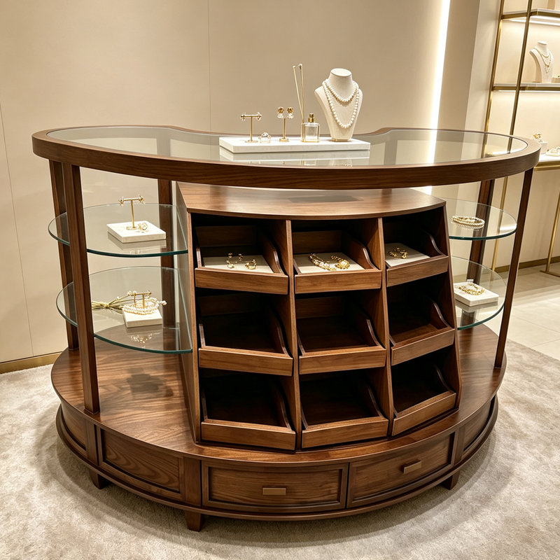 47.24"Dark Brown Wood-Grain Solid Wood Multi-Layer Board Curved Jewellery Display Cabinet