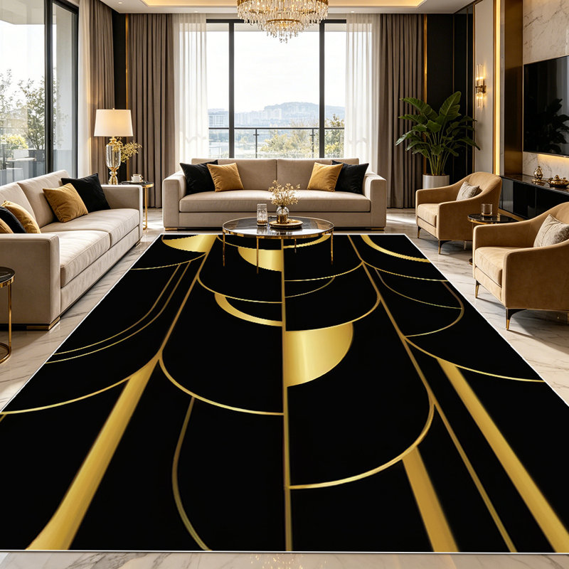 1PC Black and Gold Geometric Circle Striped Art Deco area rugs for Living Room, Soft and Comfortable, Suitable for all seasons, easy-to-maintain, machine washable Indoor floor mat, Under Table Farmhouse suitable for dining room, bedroom, entryway,...