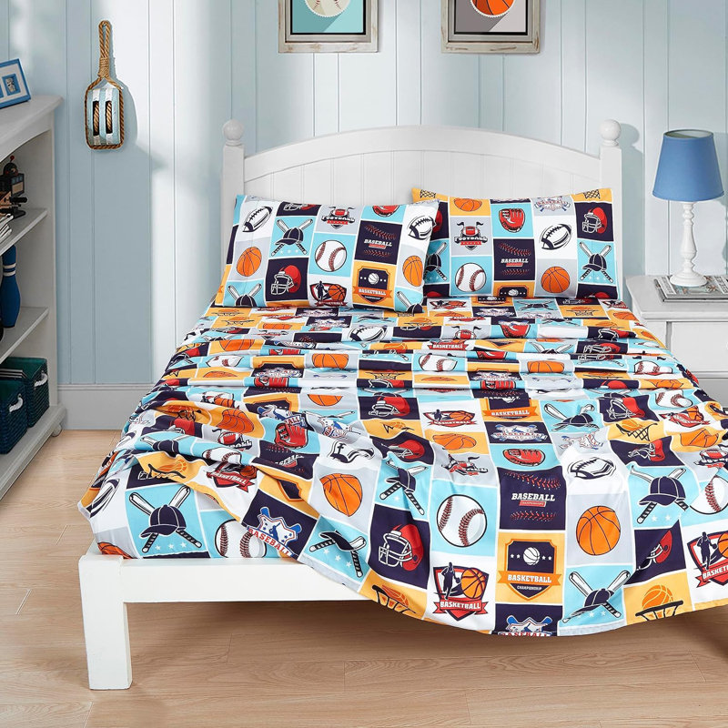 Twin White and Multicolor Sports Print Microfiber Sheet Set