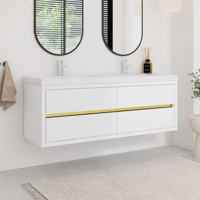 60" Modern Wall-Mounted Bathroom Vanity Set, With Double Integral Stone Resin Sinks, Glossy White, 60"