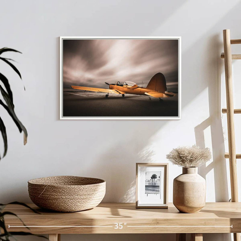 Avion jaune rétro, Cadre flottant blanc, 19 po x 13 po