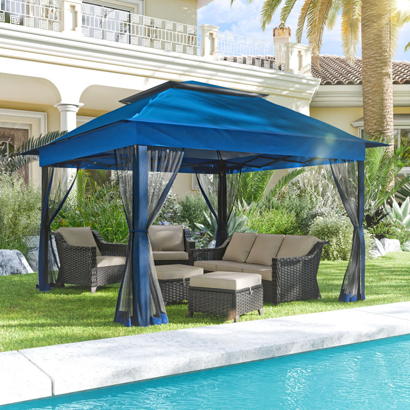 11x11 Blue Steel Pop-Up Gazebo with Mesh Walls