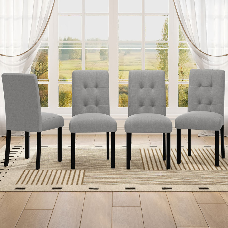 Chaise de salle à manger capitonnée 4 pièces, lin rustique revêtu de pieds en bois d'hévéa, chaise d'appoint rembourrée, Gris