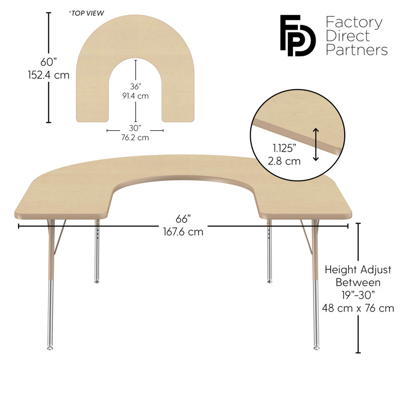 Table d'activité en fer 60 "x 66" avec pieds réglables, Roulement pivotant standard, Noir, noir, noir, noir, Érable / sable