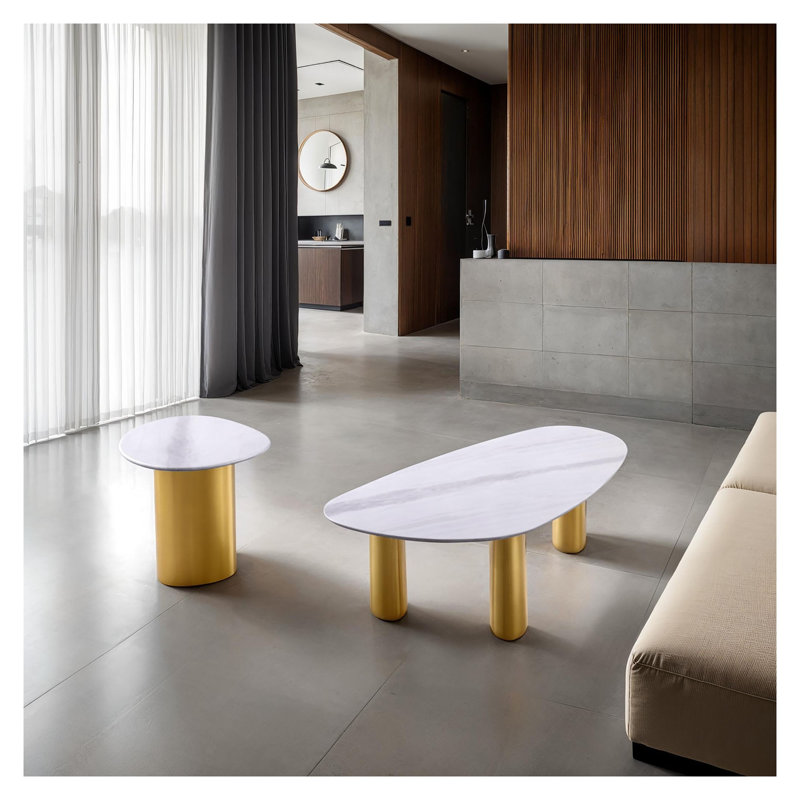 Table d'appoint contemporaine en pierre frittée contemporaine avec base en acier inoxydable doré