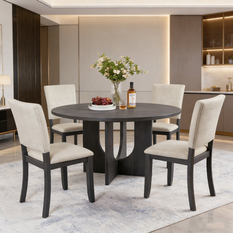 5 Piece Round Dining Set with 4 Upholstered Dining Chairs