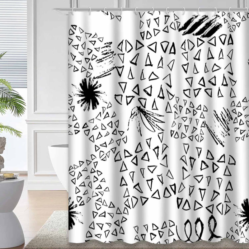 Rideau de douche monochrome blanc à triangles abstraits avec 12 crochets, L 72 po x l 84 po