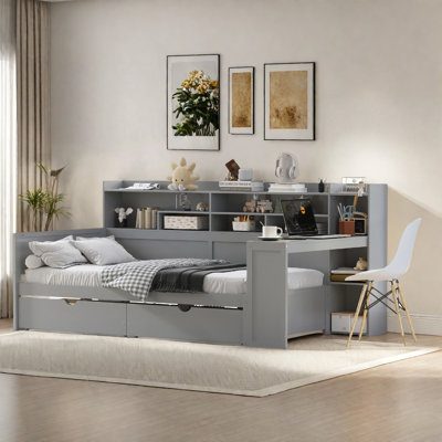 Wooden Multi-Functional Daybed With Storage Shelves, 2 Drawers And Study Desk by Red Barrel Studio