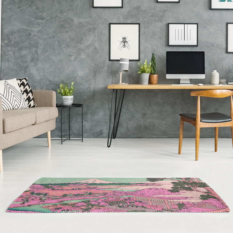 Tapis rose/vert katakura de plantation de thé, Rectangle 2 pi x 3 pi