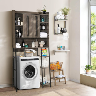 Armoire de rangement au-dessus de la toilette, organisateur de salle de bain au-dessus de la toilette avec porte coulissante et tablette réglable, armoire de rangement peu encombrante pour la salle de bain, buanderie, gris
