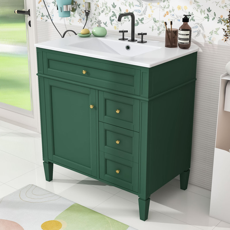 Meuble-lavabo simple en bois avec lavabo en céramique et multi-rangement Epke, Vert