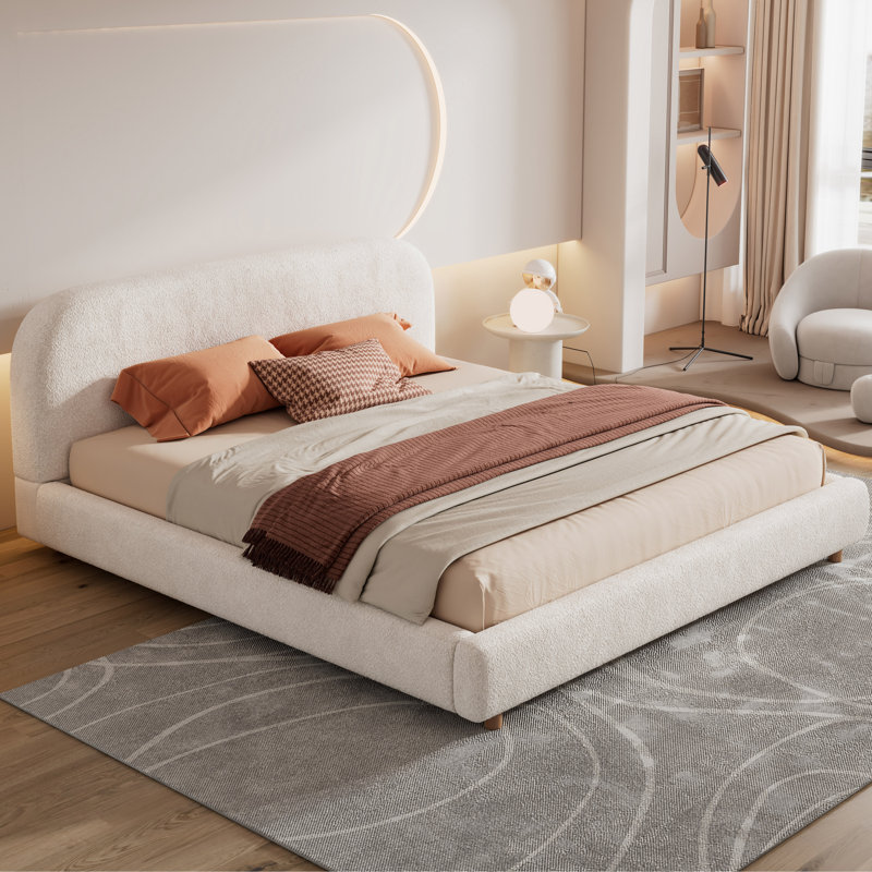  Lit plateforme avec tissu, lit plateforme revêtu de tissu avec tête de lit courbée, assemblage facile, Grand lit