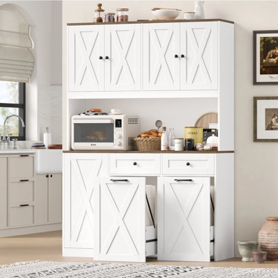 70.9" Kitchen Pantry Cabinet With Microwave Shelf & Push-Pull Trash Can Cabinet, Dog Proof Trash Can Cabinet