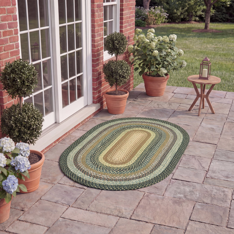 Tapis d'intérieur / extérieur géométrique tissé à la main Georgina, Ovale 3 pi x 5 pi, Brown/Green