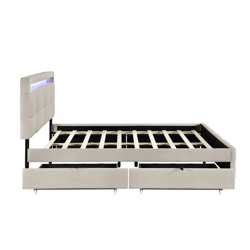 Lit plateforme tapissier avec cadre à DEL et 2 tiroirs, Double, Beige